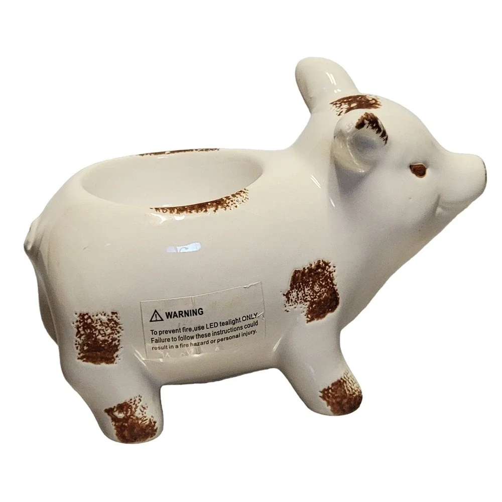Ceramic Pig LED Tealight Votive Candle Holder White Brown Distressed Farmhouse